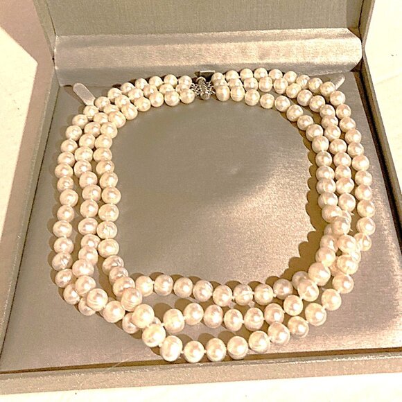 Zales Jewelers Three-Stranded Freshwater Cultured Pearl Necklace w/Silver Clasp - Picture 2 of 12